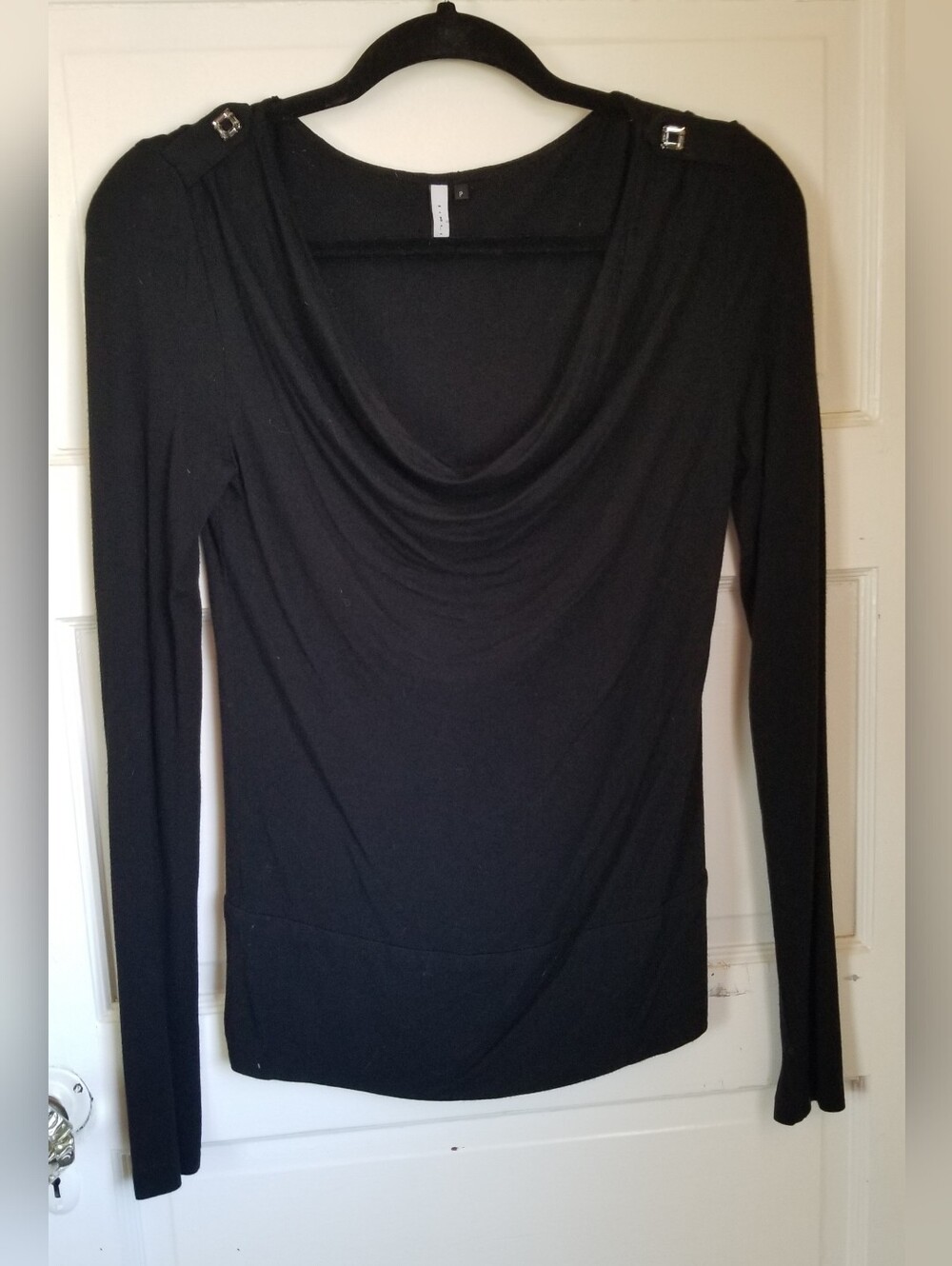 Vtg Y2K Iisli Black Jersey Long-Sleeve Cowl Neck Top Crystal Shoulder Accents